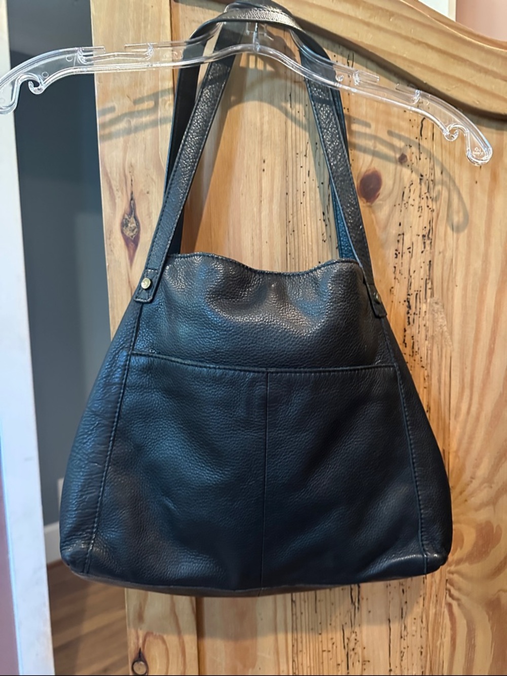 Black Leather Tote with Dual Shoulder Straps - Picture 3 of 4